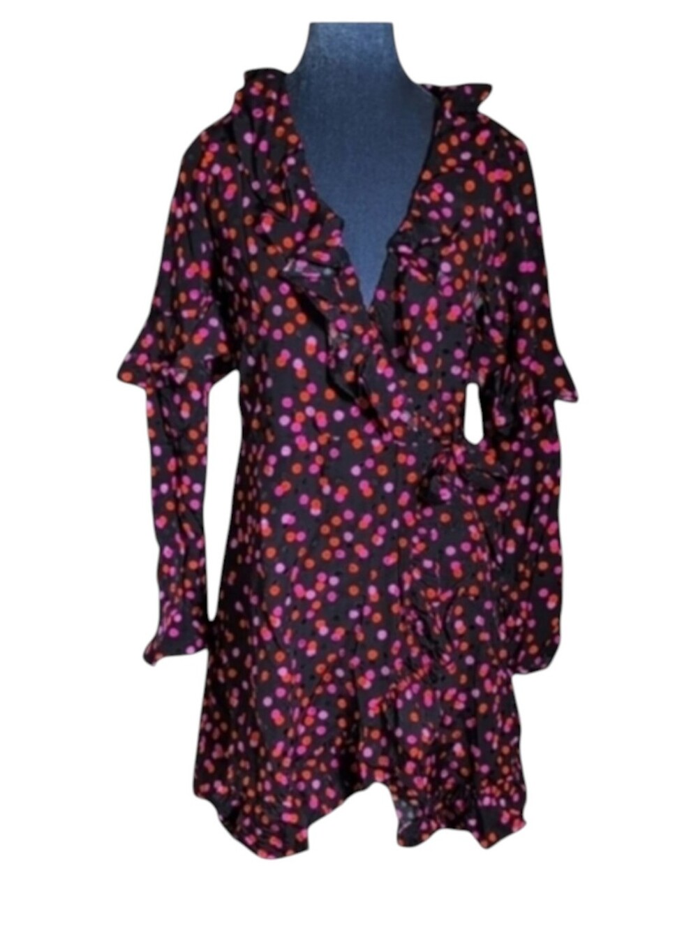 TopShop  Black & Pink Polka Dot Wrap Mini Dress Size 4